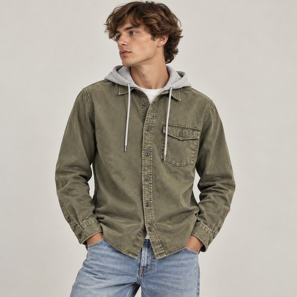 Forever 21 Men's Hooded Shirt Jacket Size Large Green Button Front Lightweight